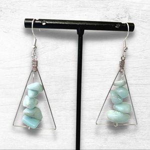 βοΈ Geometric Triangle Stacked Blue Amazonite Silver Dangling Earrings